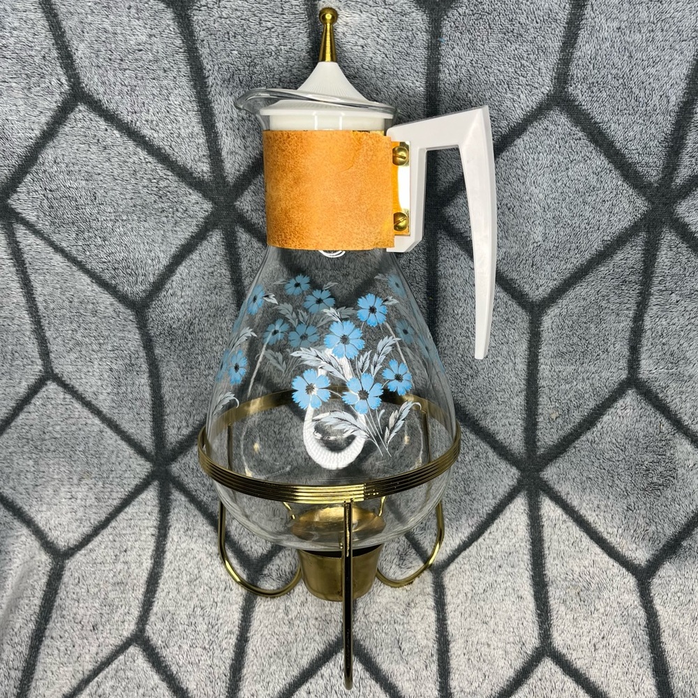 Vintage Atomic Mid-Century Coffee Carafe w Hand Painted Flowers + Gold Base NWT
